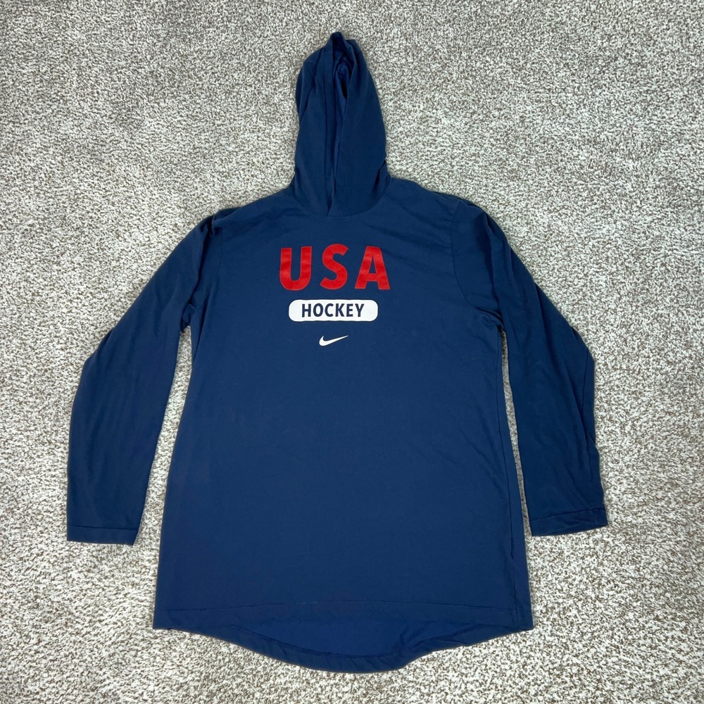 Nike Shirt Mens Large Blue USA Hockey Long Sleeve Hooded Top Sports Dri Fit Top
